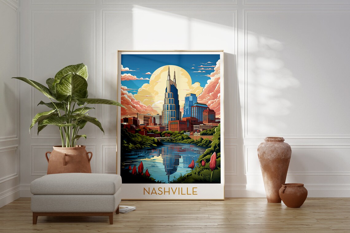 Nashville Tennessee Skyline Poster with River Sunset Reflection - Image 2