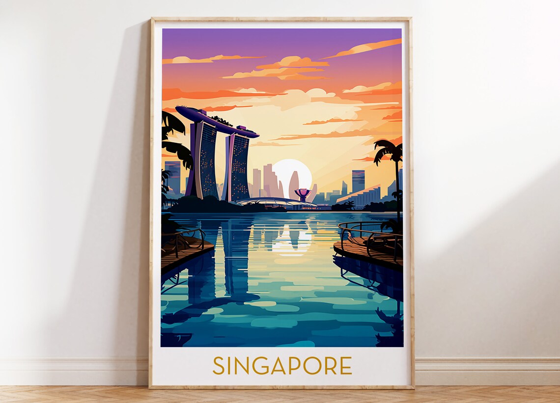 Singapore Marina Bay Sands Sunset Illustration Travel Poster