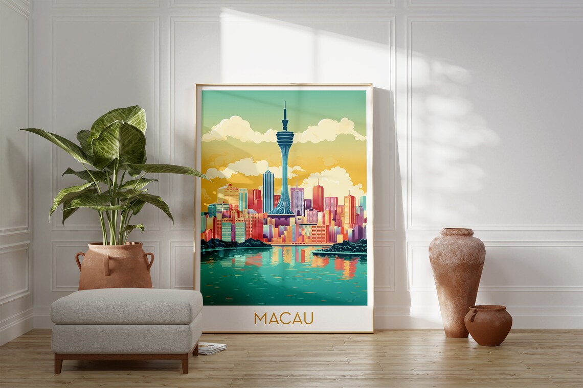 Macau Tower Sunset Skyline Retro Pop Art China Travel Poster - Image 2