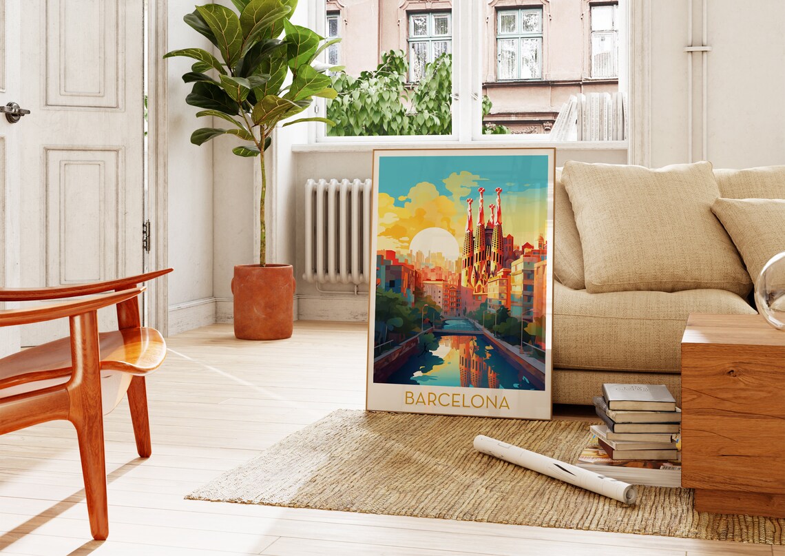Barcelona Sagrada Familia Sunset Canal Reflection City Poster - Image 4