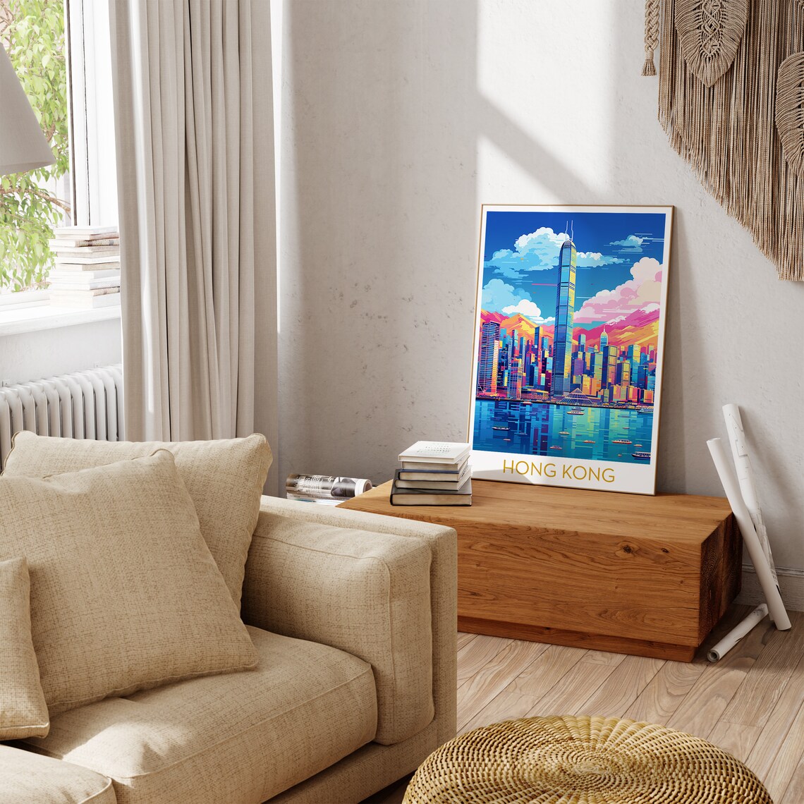 Hong Kong City Skyline Pop Art Poster with Colorful Harbor Lights - Image 3
