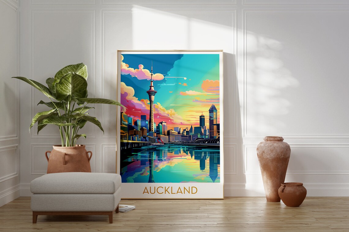 Auckland New Zealand Sky Tower Waterfront Harbor Sunset Poster - Image 2