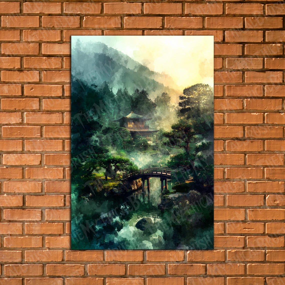 Japan Green Misty Temple Bridge Pagoda Watercolor Landscape Poster