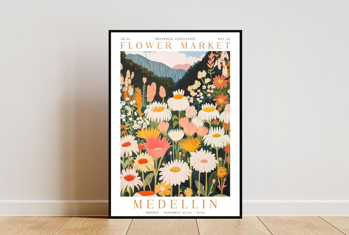 Medellin Flower Market Poster Medellin Poster Flower Market Print Flower Wall Art Botanical Poster Floral Wall Art White Flower Poster