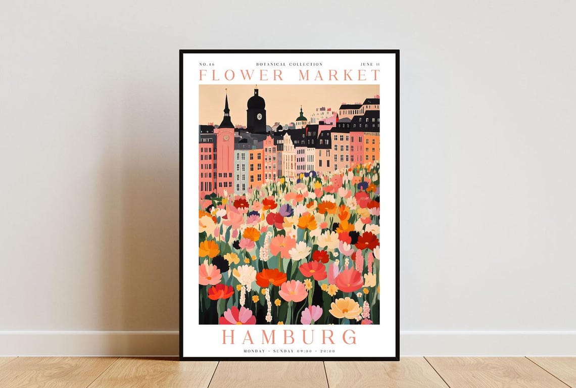 Hamburg Flower Market Red Poppies Harbor Skyline Blooms Poster