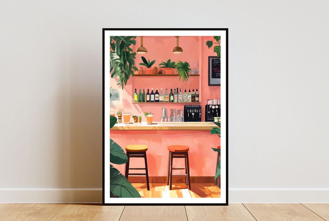 Retro Pink Cocktail Bar with Stools Plants and Bottles Poster