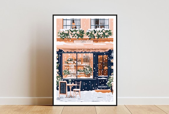 Snowy Parisian Cafe Winter Storefront Flower Boxes Art Poster