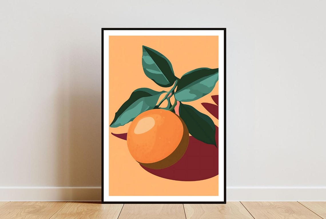Sunset Orange Fruit Deep Teal Leaves Retro Kitchen Wall Poster