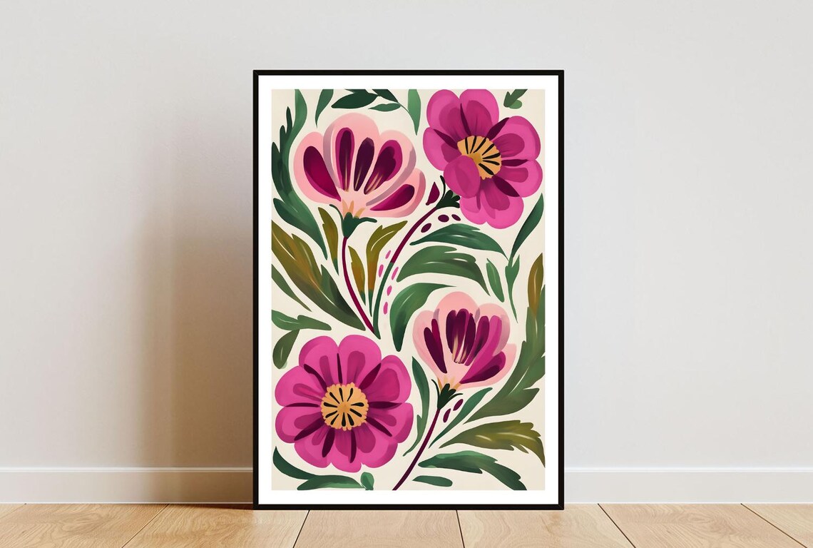 Abstract Pink And Magenta Flowers Bold Folk Art Floral Painting Poster