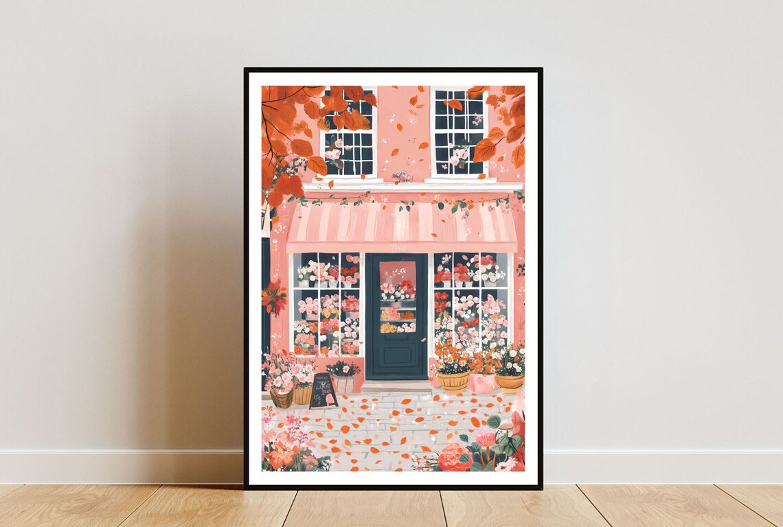 Pink Florist Shop In Autumn Poster With Orange Leaves And Flower Pots