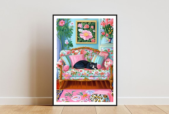 Black Cat Sleeping On Floral Sofa Illustration Poster For Cat Lovers