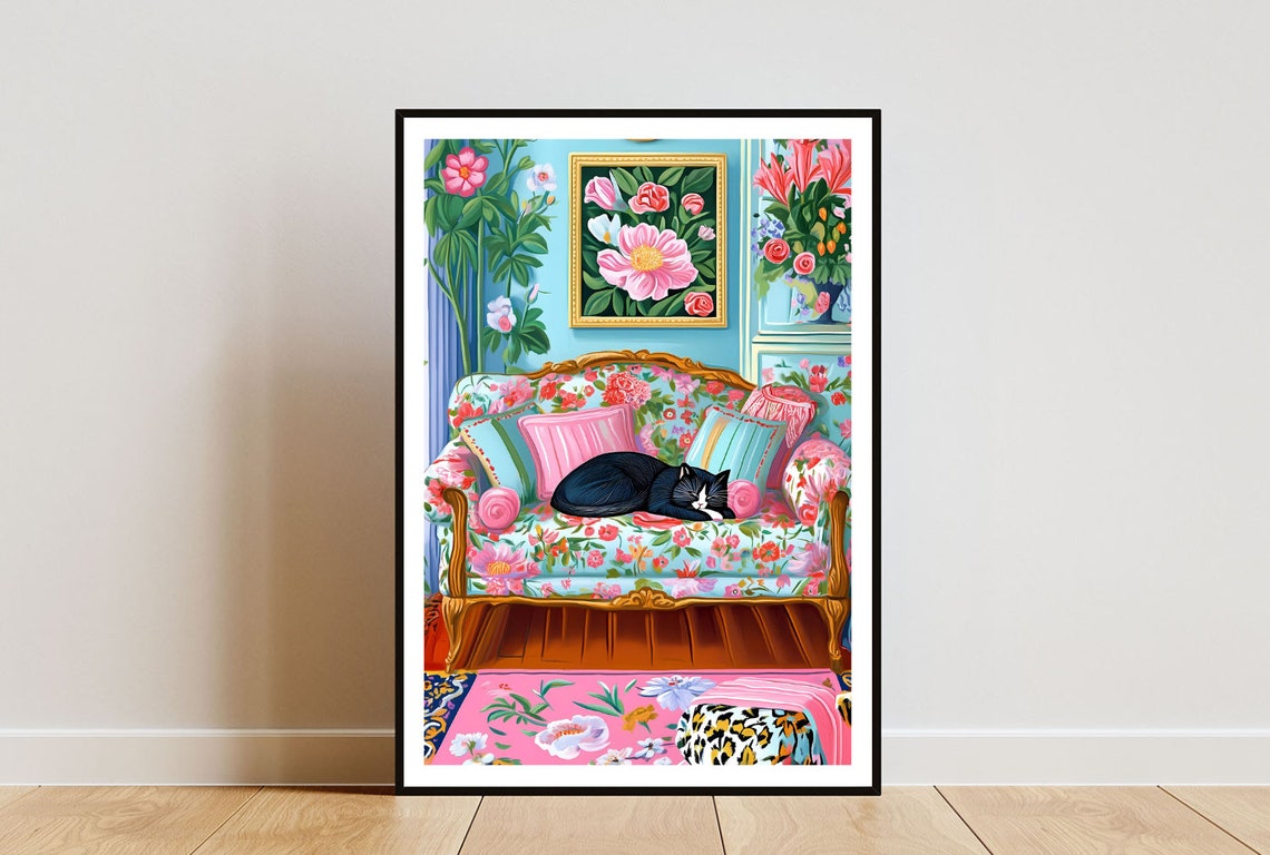 Black Cat Sleeping On Floral Sofa Illustration Poster For Cat Lovers