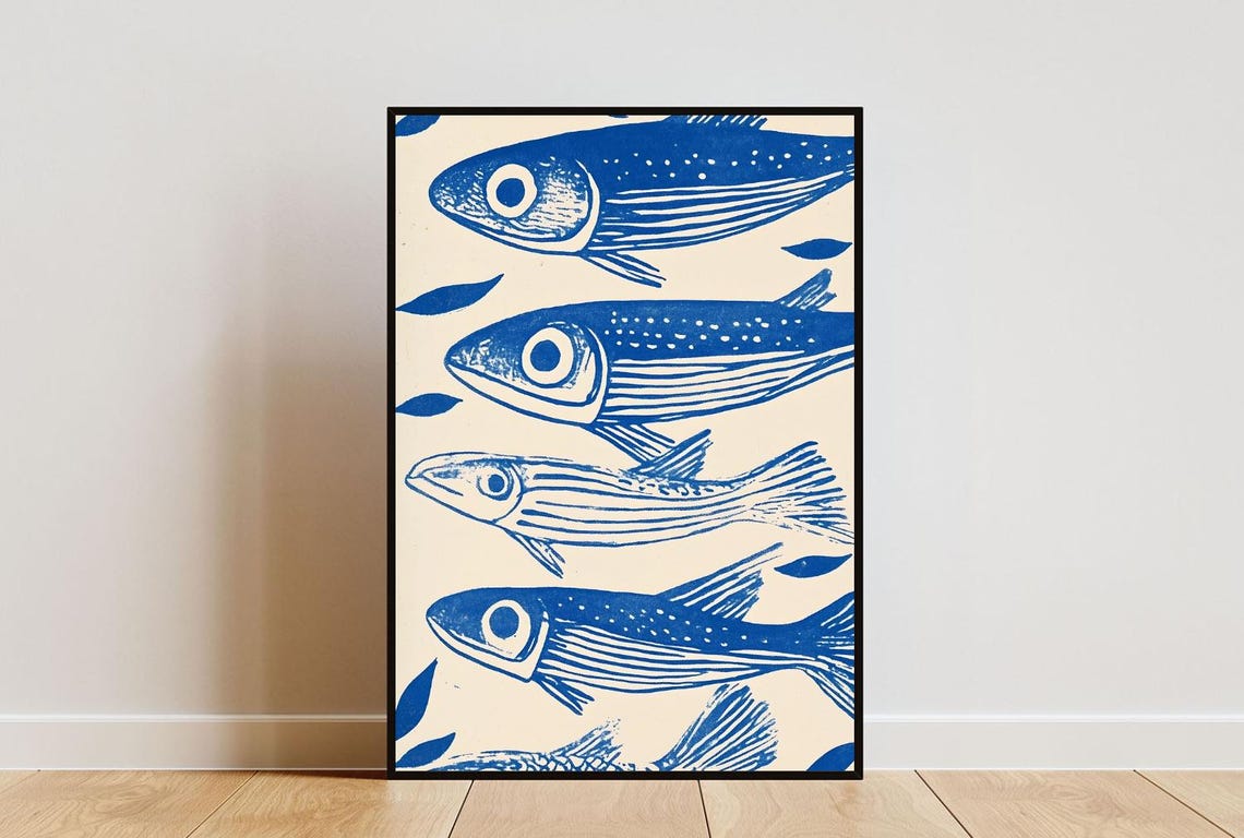 Four Sardines Blue Woodcut Retro Fish Seafood Kitchen Art Poster