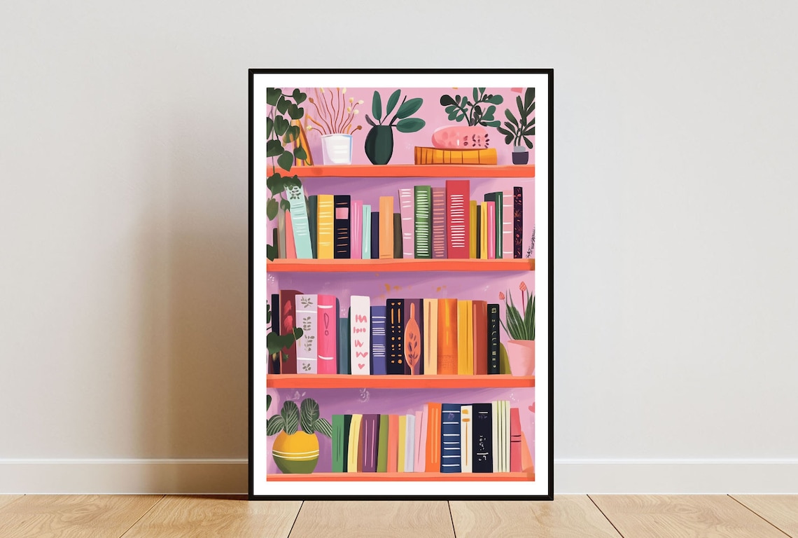 Pink Bookshelf Illustration Poster With Plants And Colorful Book Spines