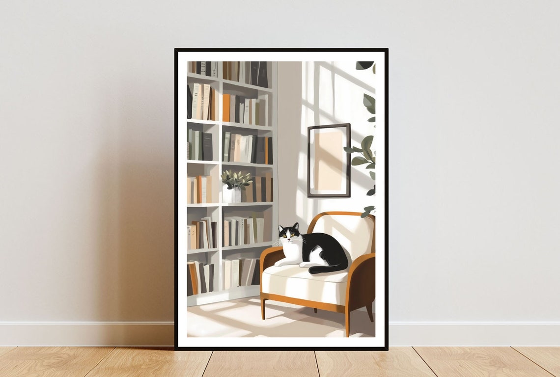 Black And White Cat On Armchair Illustration Poster For Book Lovers