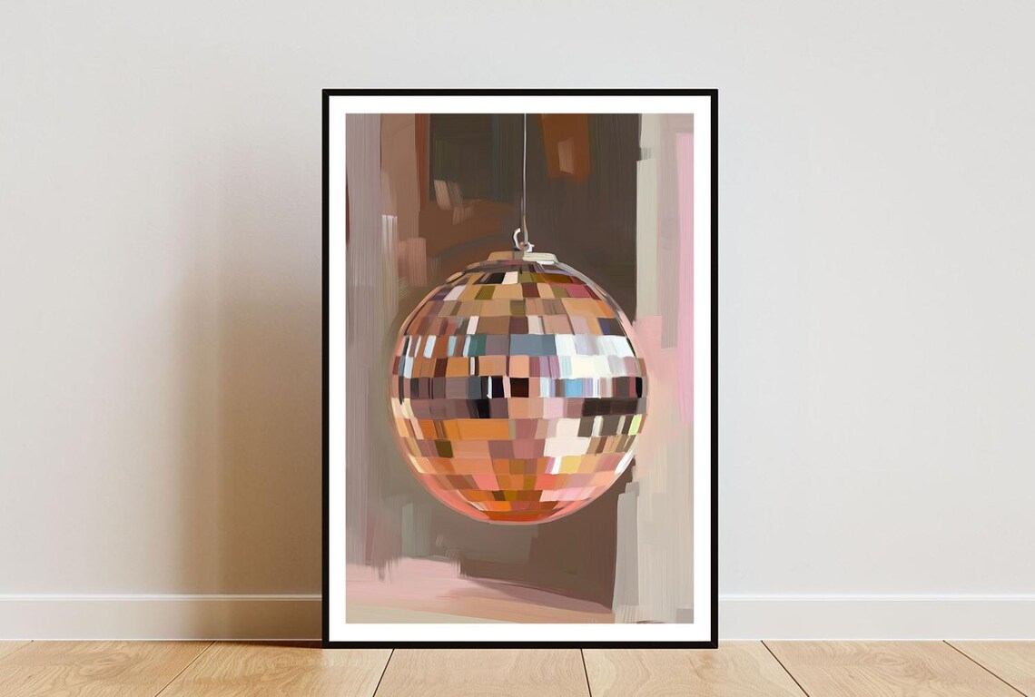 Disco Ball Poster, Pink Minimalist Music Wall Art
