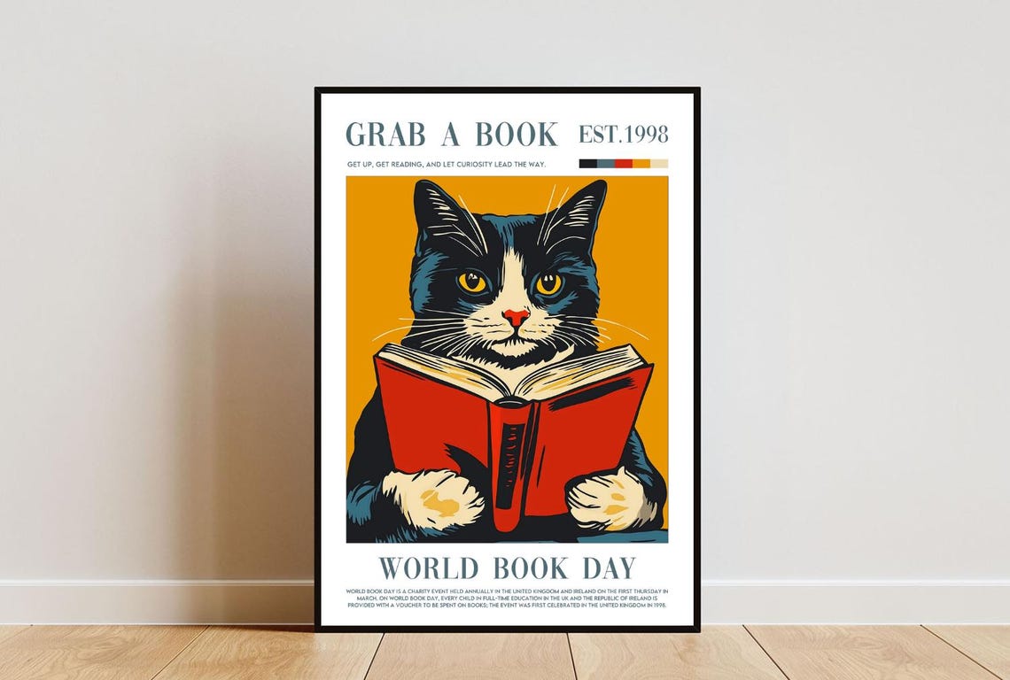 World Book Day Cat Reading A Book Grab A Book Est 1998 Poster