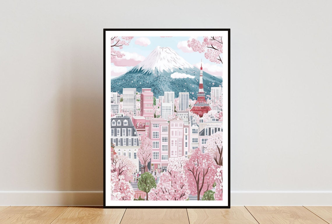 Tokyo Mount Fuji Tower Cherry Blossom Skyline Spring Art Poster