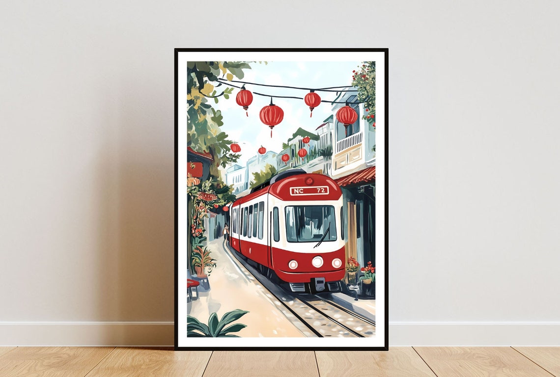 Hanoi Train Street Vietnam Poster With Red Train And Hanging Lanterns