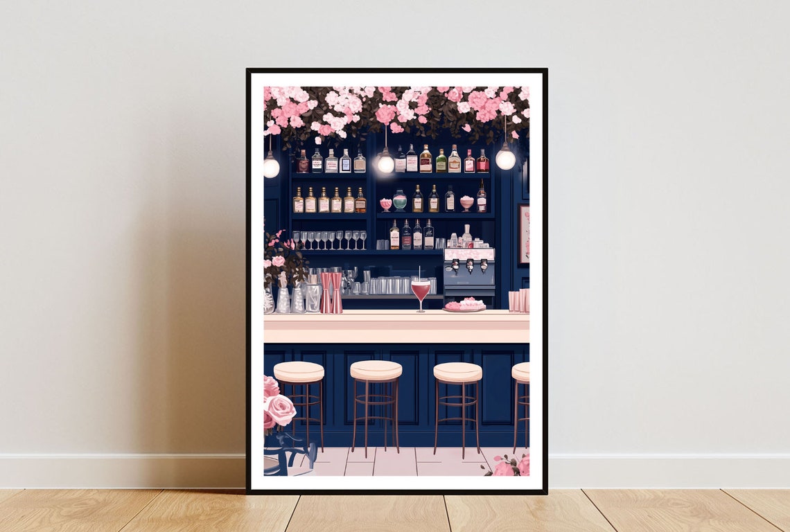 Elegant Navy Cocktail Bar With Blush Floral Bottle Shelf Poster