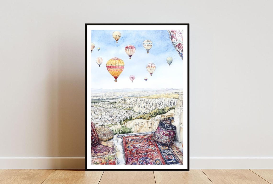 Cappadocia Hot Air Balloons Terrace Rugs Watercolor Travel Poster