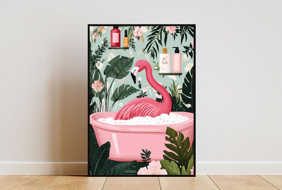 Flamingo In Bath Boho Bathroom Art Print
