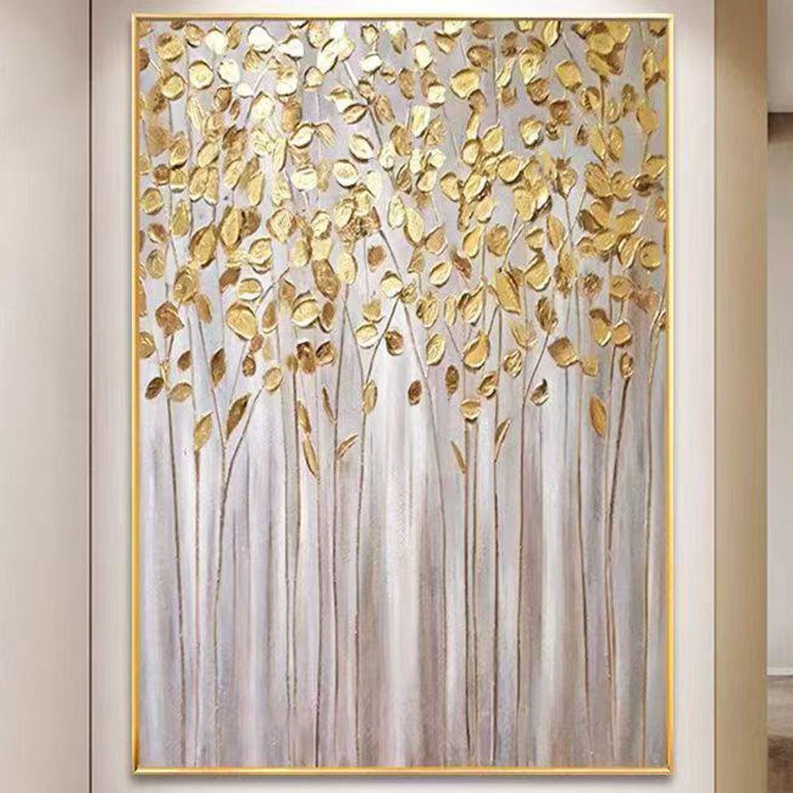 Golden Leaf Branches on Pale Gray Textured Vertical Botanical Poster