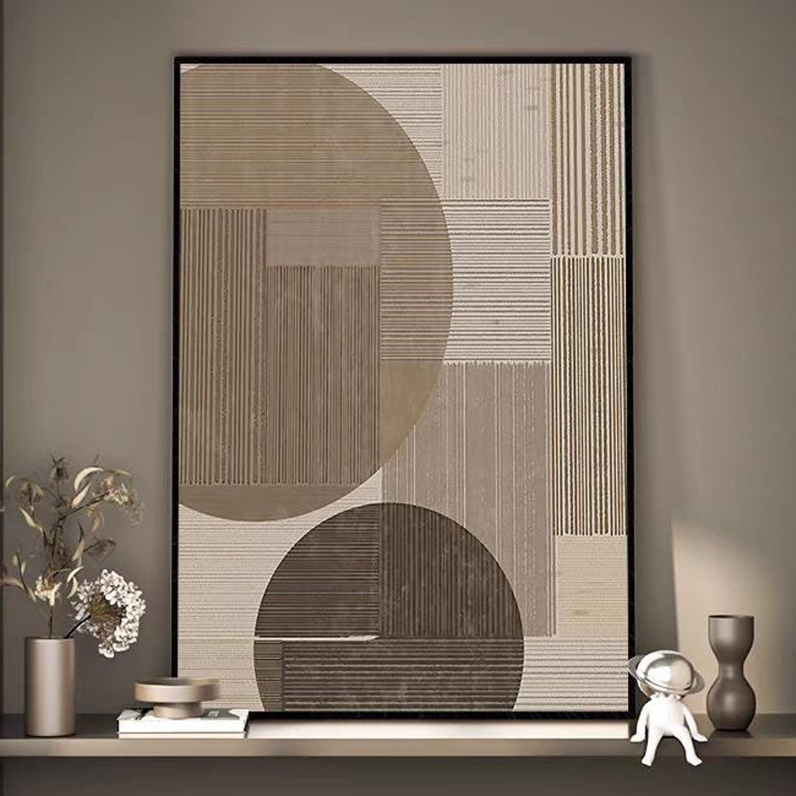 Brown Beige Tone Abstract Art Wabi Sabi Style Acrylic Artwork Large Thick Textured Vertical Oil Painting Circle Pattern Artwork
