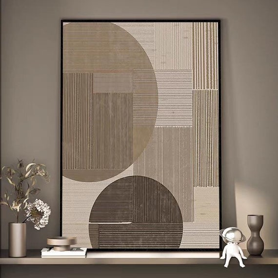 Brown Beige Tone Abstract Art Wabi Sabi Style Acrylic Artwork Large Thick Textured Vertical Oil Painting Circle Pattern Artwork