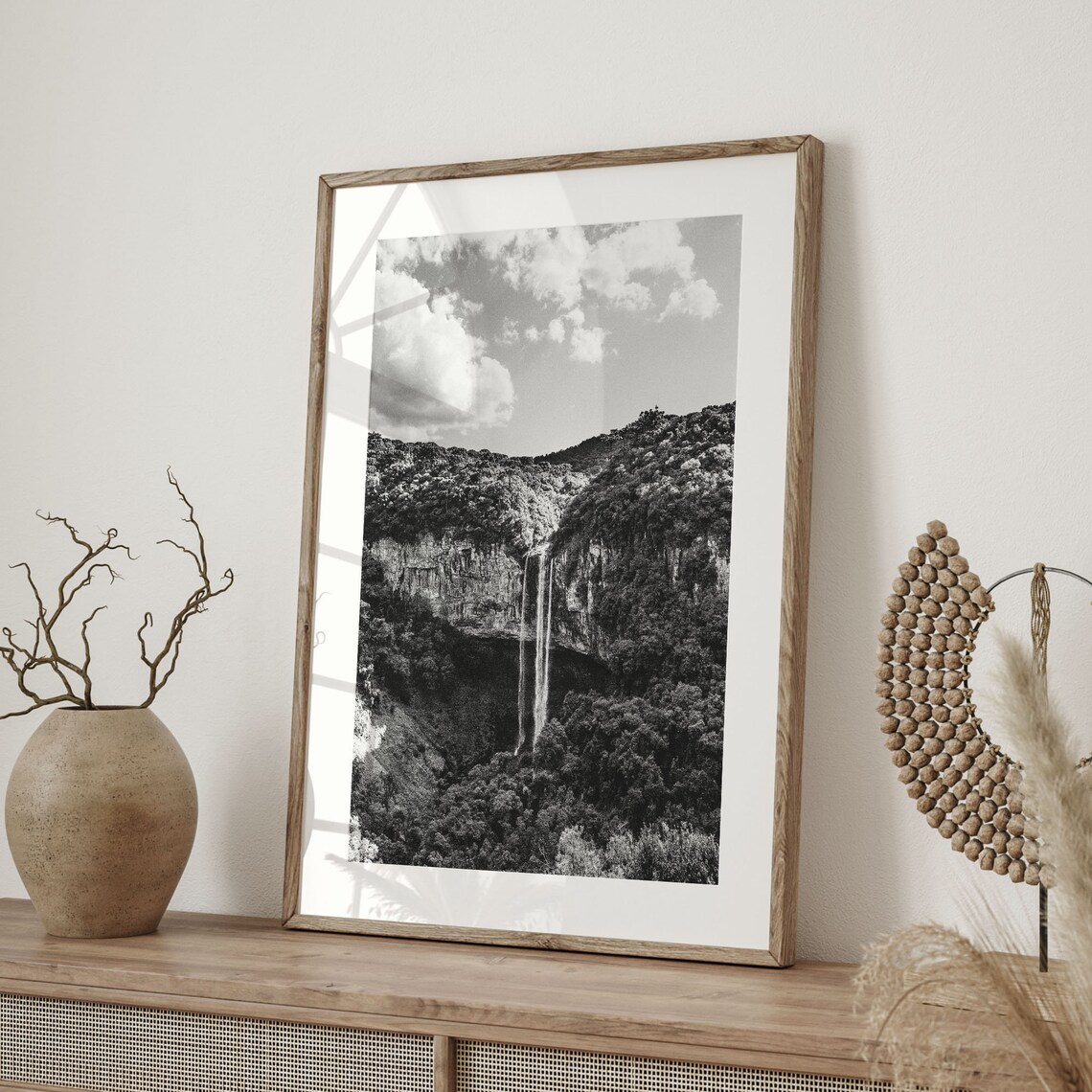 Brazilian Waterfall Cascading Off Forest Cliff Black And White Poster - Image 2