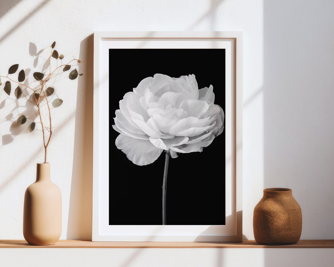 Peony Black and White Vertical Flower Art Print - Image 3