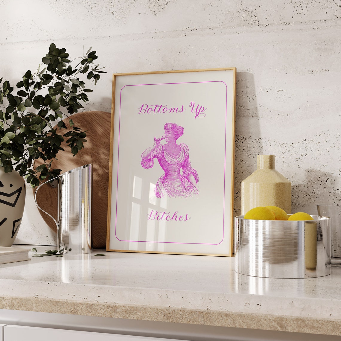 Bottoms Up Bitches Bar Cart Art Funny Kitchen Decor Pink Vintage Illustration Wall Art - Image 2