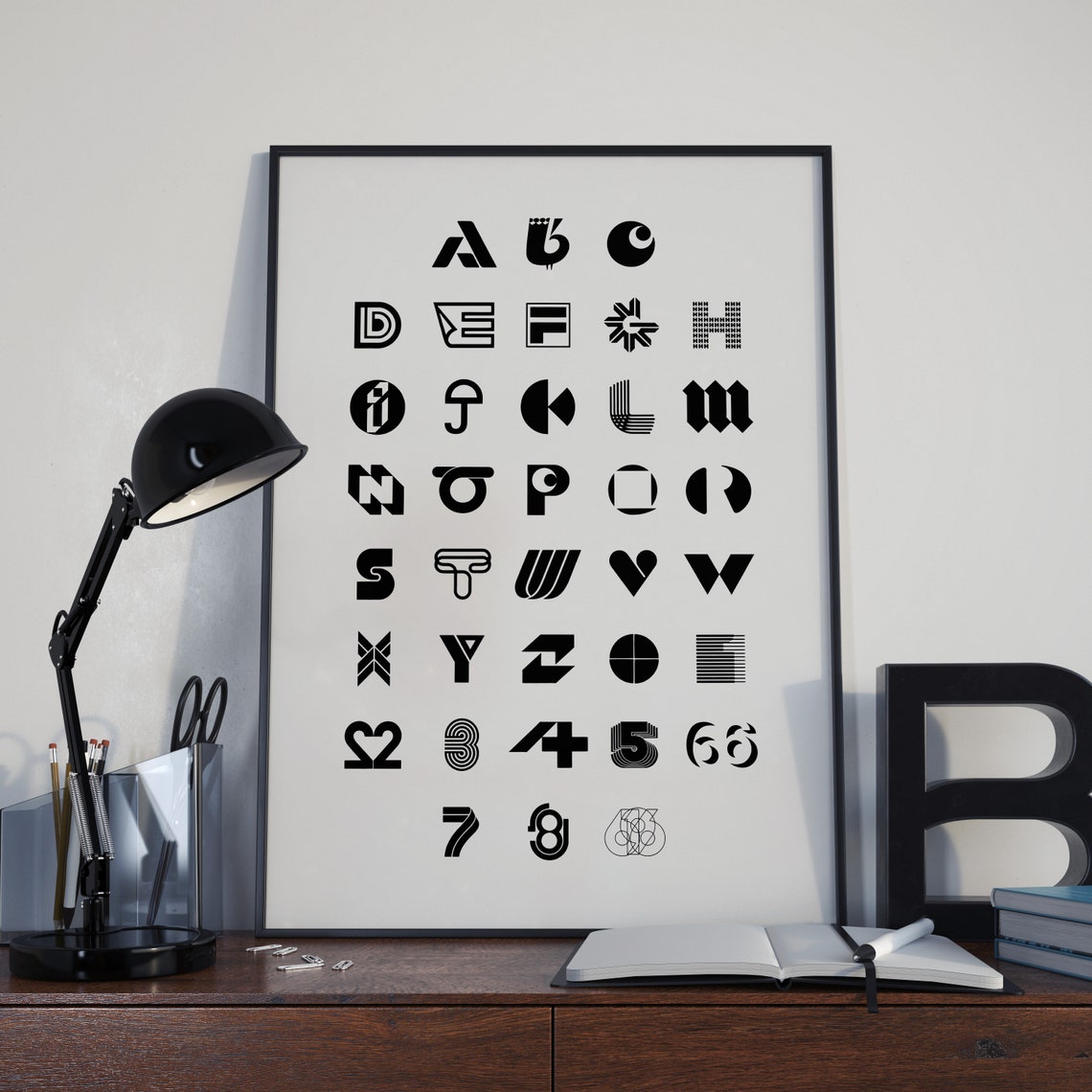 Stylized Alphabet Letterforms Black On White Designer Typeface Poster - Image 5