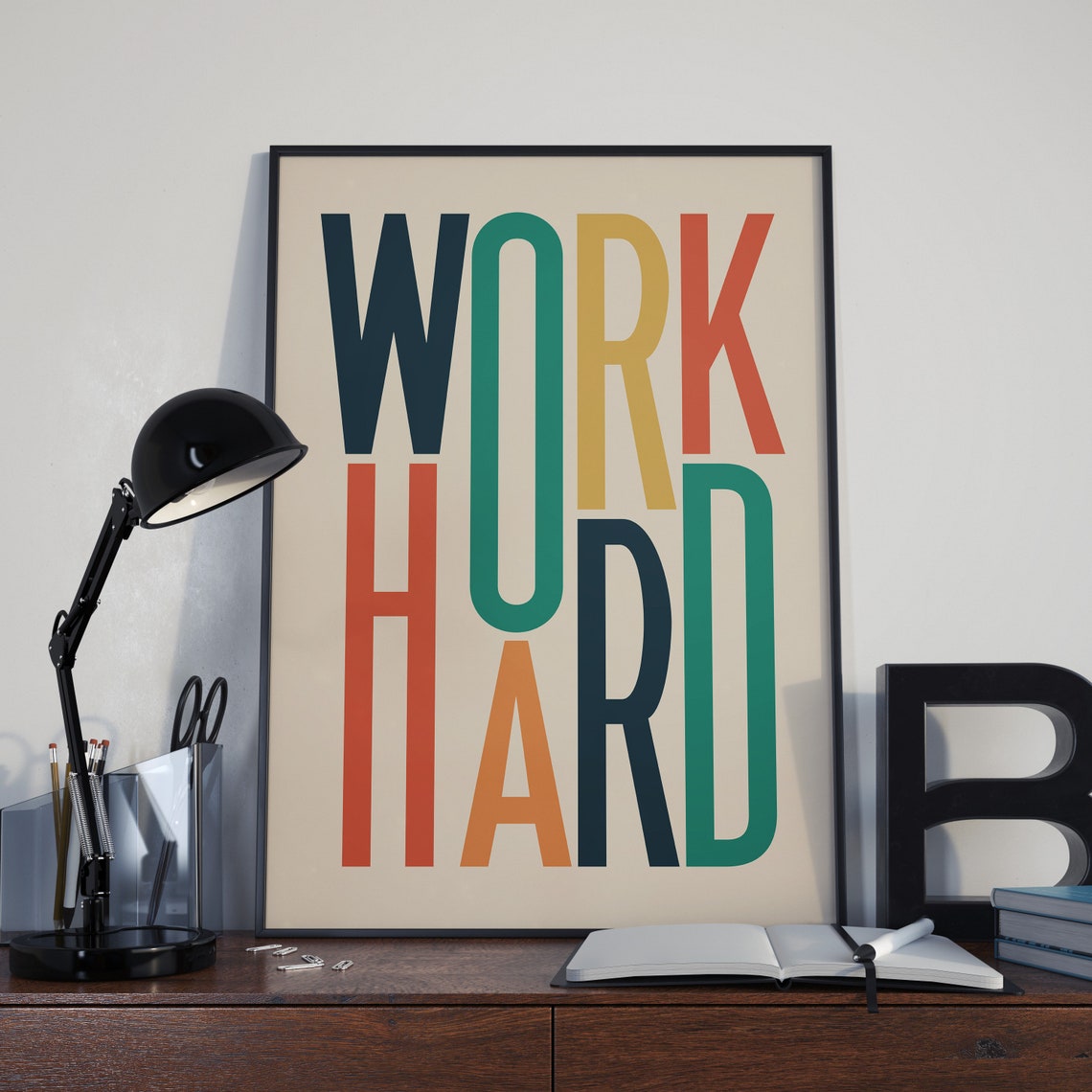 Work Hard Colorful Stacked Letters On Cream Motivational Poster - Image 2