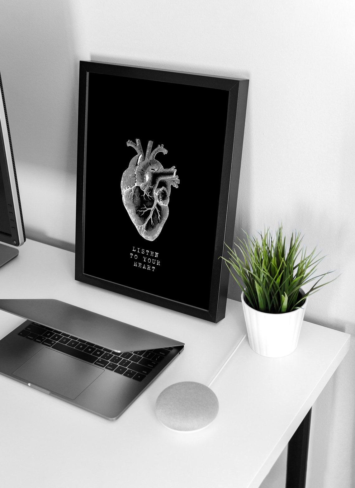 Listen to Your Heart Anatomical Heart Black Monochrome Quote Poster - Image 4
