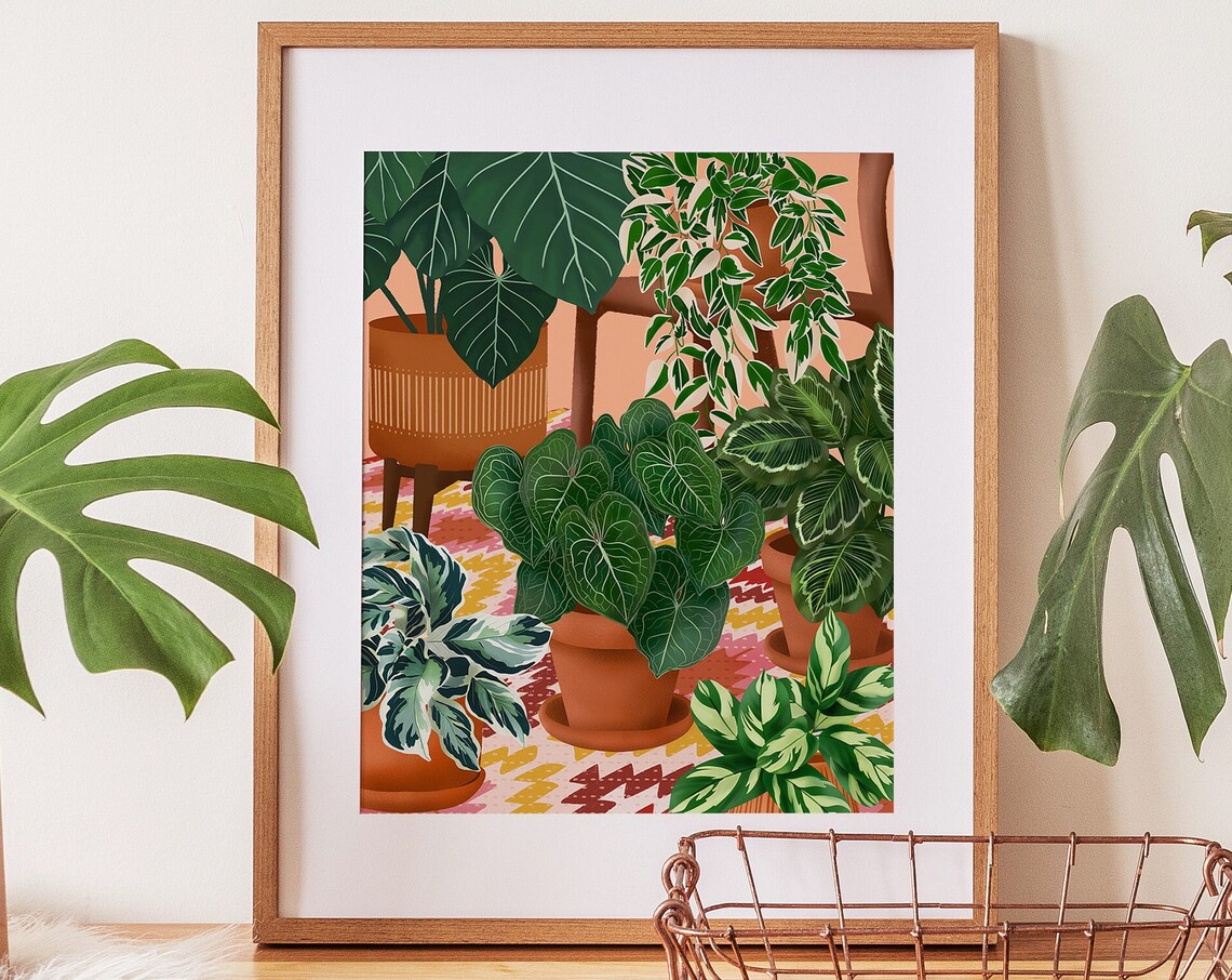 Colorful Indoor Jungle Houseplant Illustration on Geometric Rug Poster