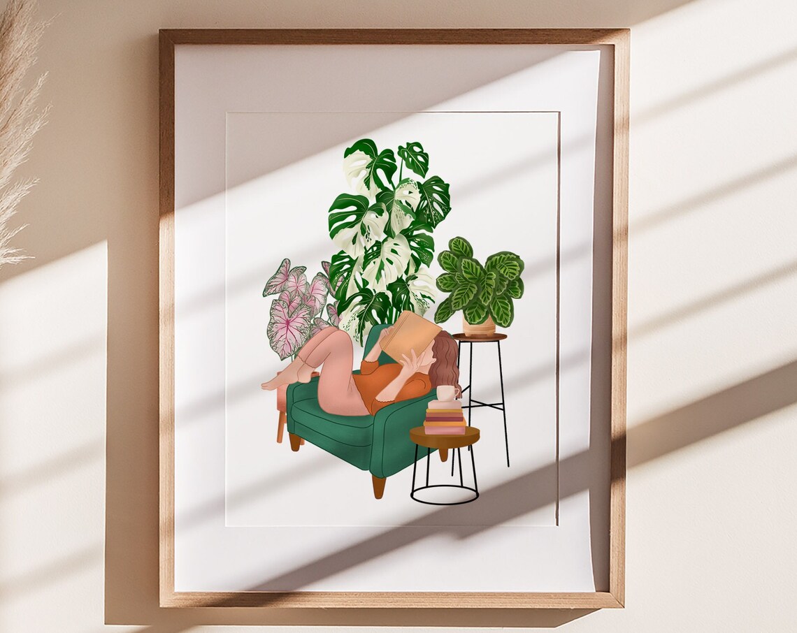 Woman Reading In Green Armchair Cozy Plant Lover Room Poster