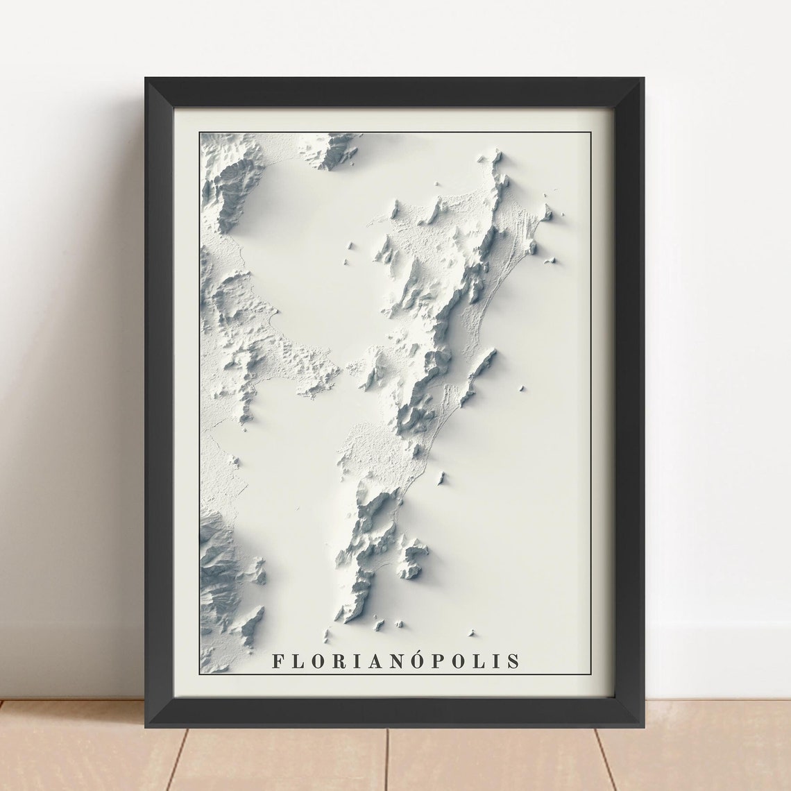 Modern Florianopolis White Monochrome Terrain Relief Map Wall Art