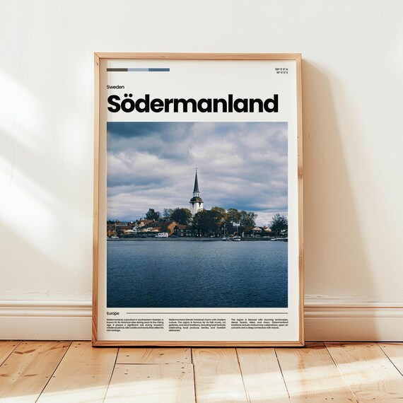 Sodermanland Sweden Travel Poster Historic Waterfront Church and Lake View