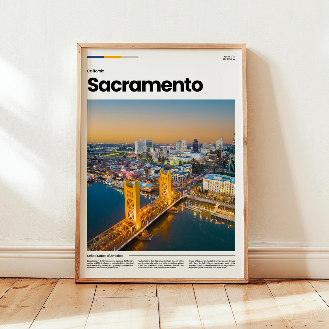 Sacramento California Tower Bridge Golden Sunset River View Travel Poster