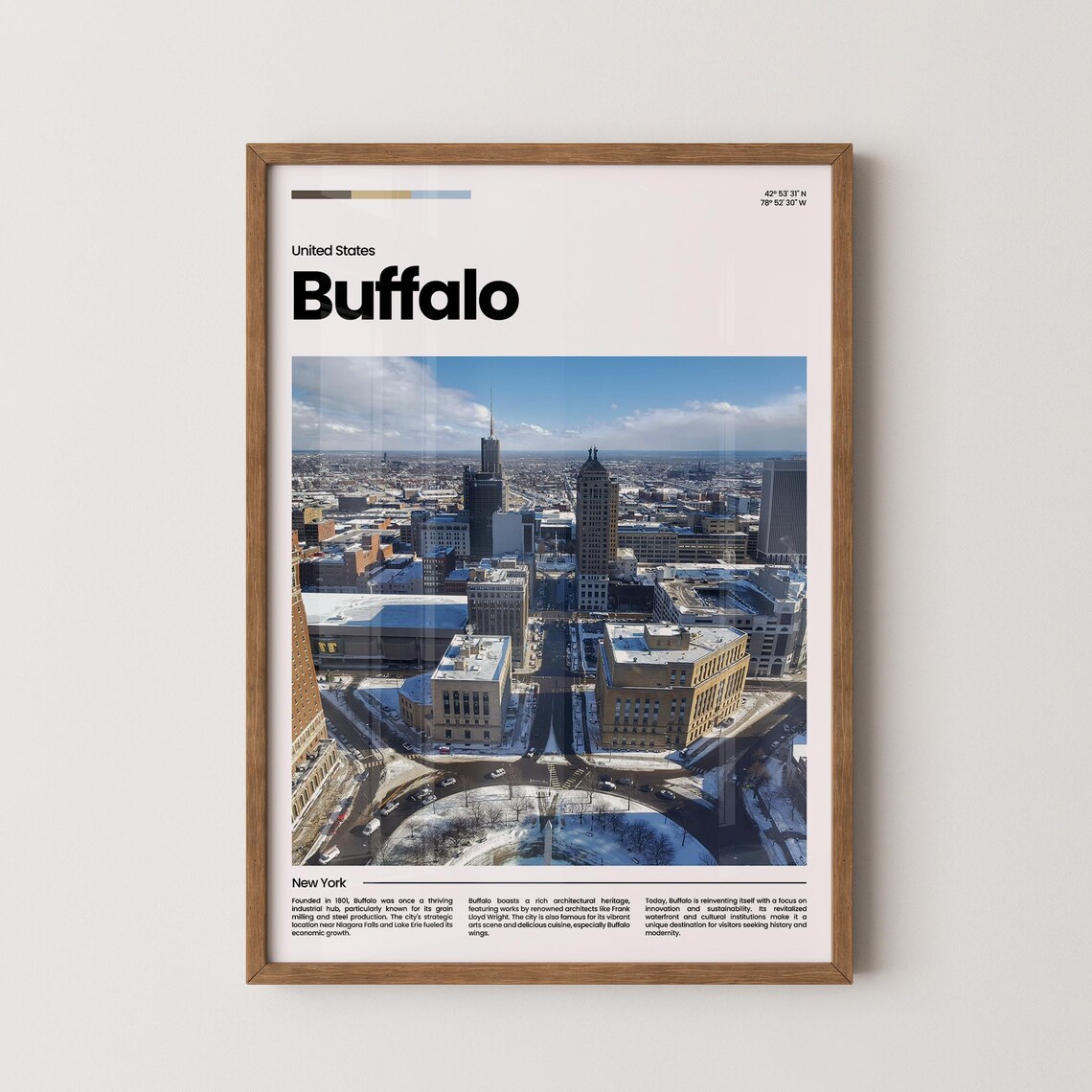 Buffalo Winter Snowy Downtown New York City Aerial Travel Poster