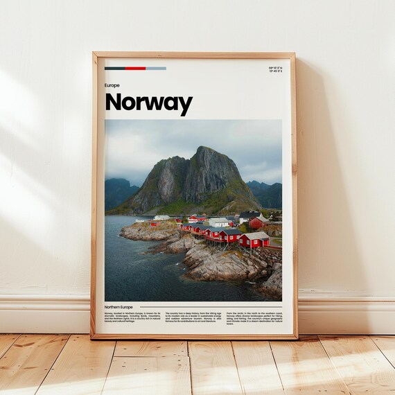 Norway Red Fishing Cabins Rocky Mountain Shore Photo Travel Poster