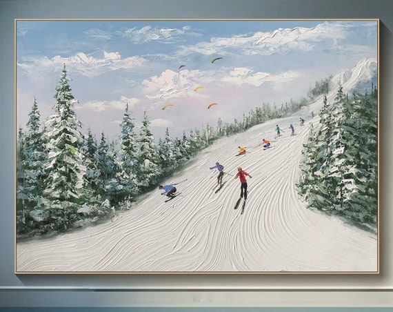 Original Framed 3d Skiing Sport Art Plaster Style Textured Wall Art Personalized Gift For Skiers White Snowboards Paintig Skier Painting