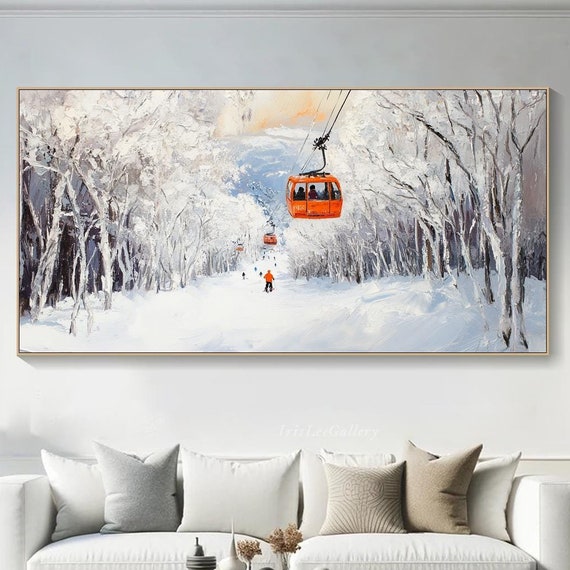 Original Ski Sport Painting On Winter Decor Texture Wall Art Personalized Gift Skier On Snowy Mountain Art White Snow Skiing Art