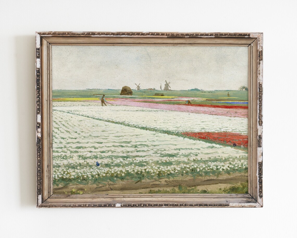 Vintage Tulip Garden Oil Painting, Spring Art Print
