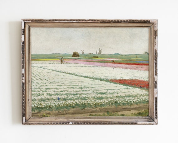 Vintage Tulip Garden Oil Painting, Spring Art Print