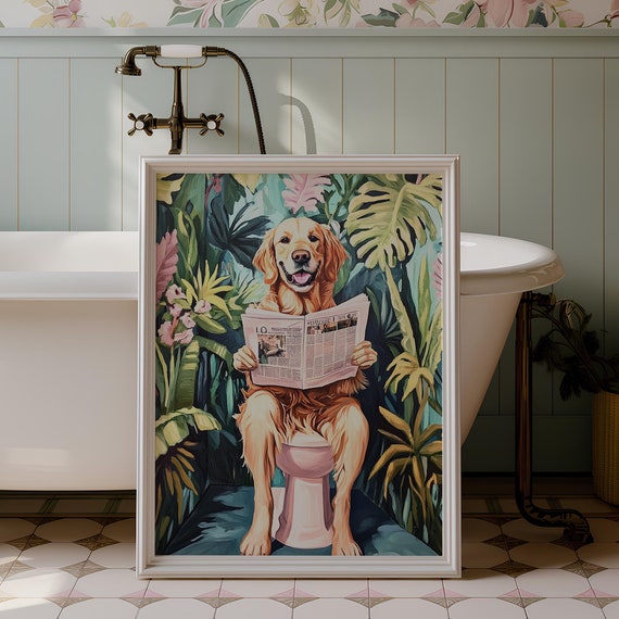 Golden Retriever Toilet Print Poster Funny Dog Sitting On Toilet Wall Art Tropical Plants Dark Green Modern Restroom Wall Art Matte Poster