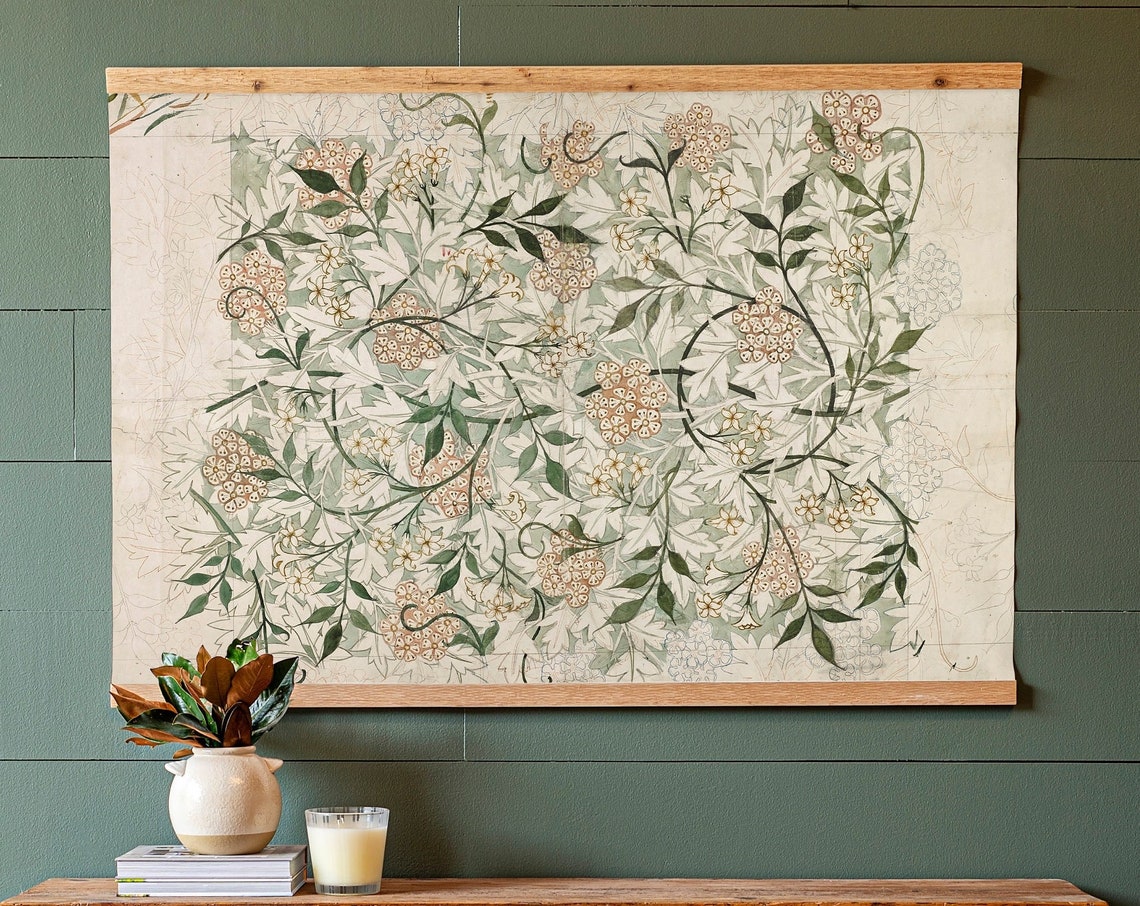 Cream Green Floral Botanical Pattern Vintage Textile Art Poster - Image 2