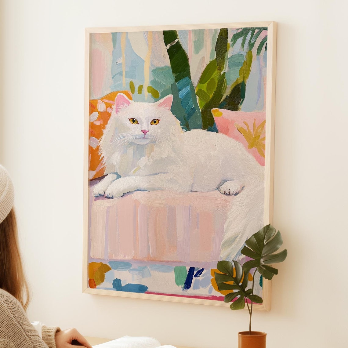 White Longhaired Cat On Colorful Couch Tropical Pastel Poster - Image 2