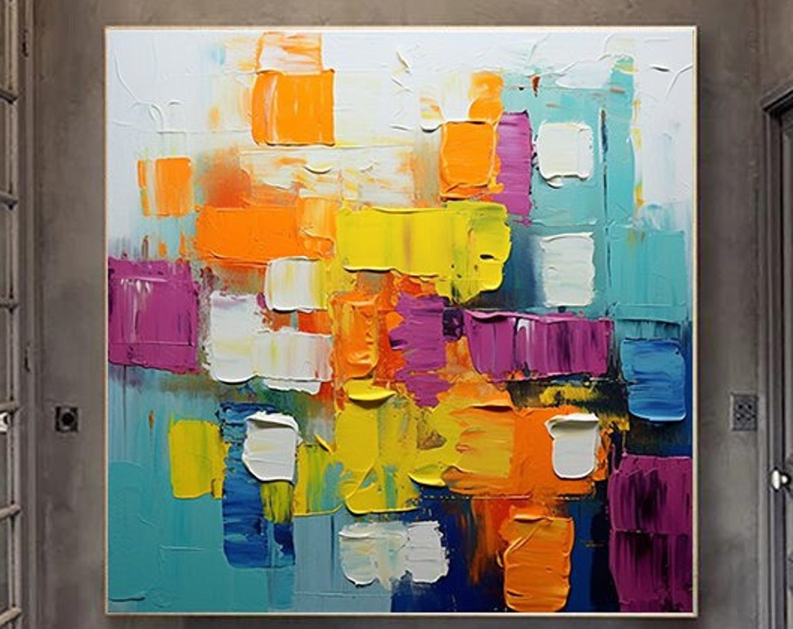 Cheerful Orange Yellow Teal Palette Knife Abstract Blocks Poster